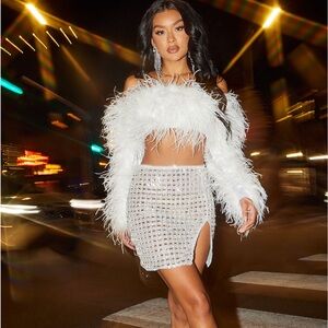 Feather embellished mini skirt set